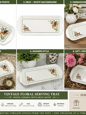 ST-11-Vintage Cottagecore Serving Tray Floral Fruit White Ceramic Kitchen Decor